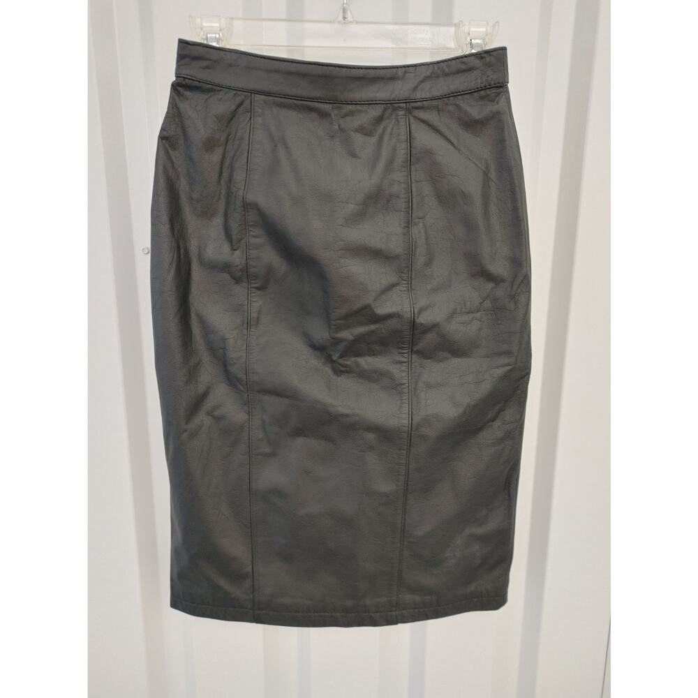 Vintage G III Leather Pencil Skirt Midi Black Lined Snap Button Accent Sz 5/6 26